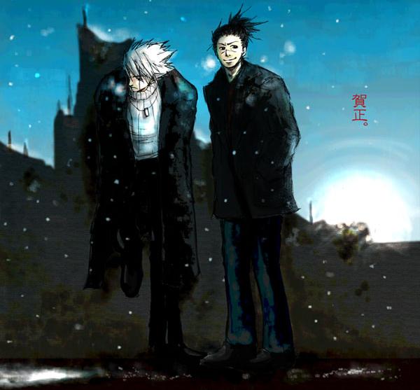 Iruka Umino and Hatake Kakashi in winter cloaks